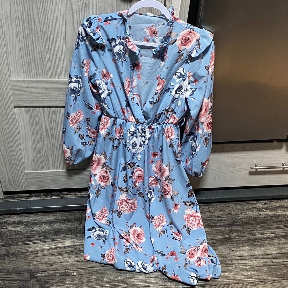 SHEIN Teen Blue Dress with Pink Floral Pattern